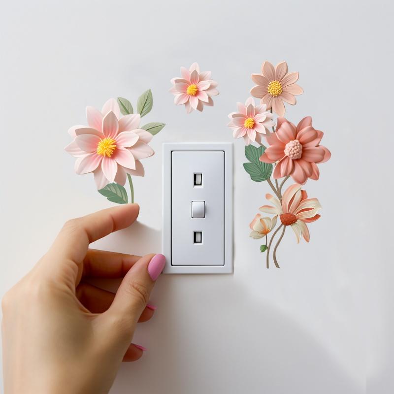 Beautiful Flowers Switch Wall Sticker PVC Removable Waterproof Sticker for Bedroom Bathroom Living Room Home Decoration Stickers