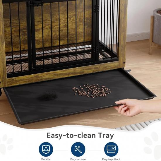 38 Inch Dog Crate Furniture Wooden Dog Kennel End Table with 3 Doors Locking Wheels Removable Tray Divider Indoor Pet Cage Side Table for Small