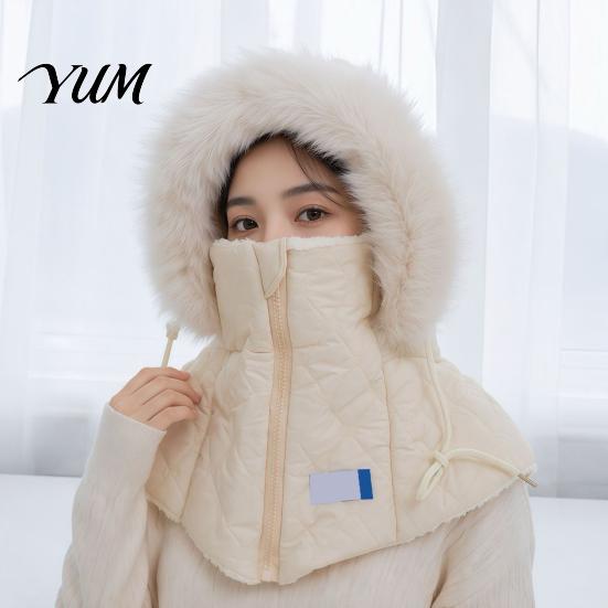 Winter Balaclava Hat for Women Hat, Quilted Face Mask Hood Zipper Closure, Fuzzy Trim, Outdoor Activity Warm Fleece Lined, Windproof Cover Cold