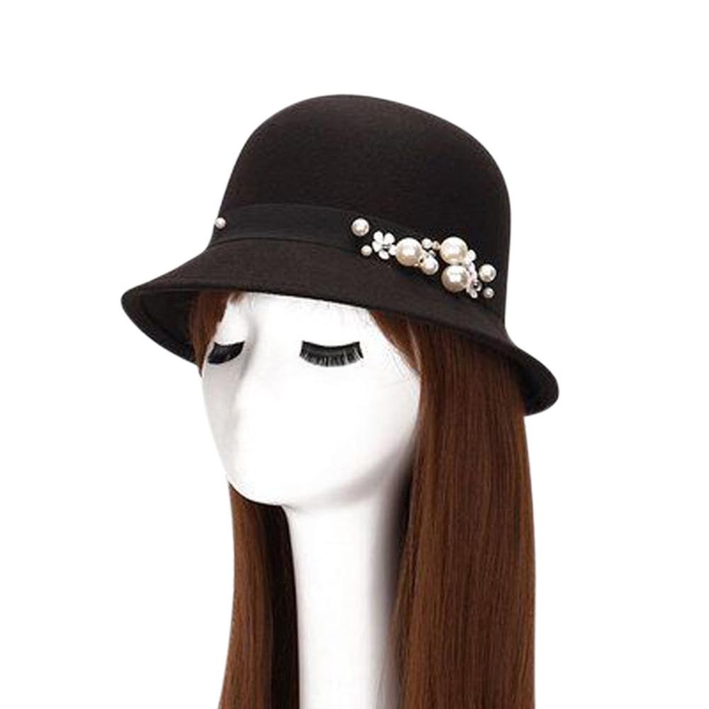 Vintage Women Domed Woollen Hat Adult Fashion Rivets Pearl Decoration Warm Lady Bucket Cap in Winter Autumn Outdoor