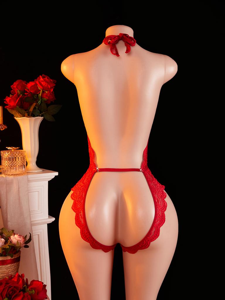 Рождественский День святого Валентина Холтер Без спины Без промежности Эротическое боди DeepV Прозрачное Сексуальное кружевное платье-бэбидолл