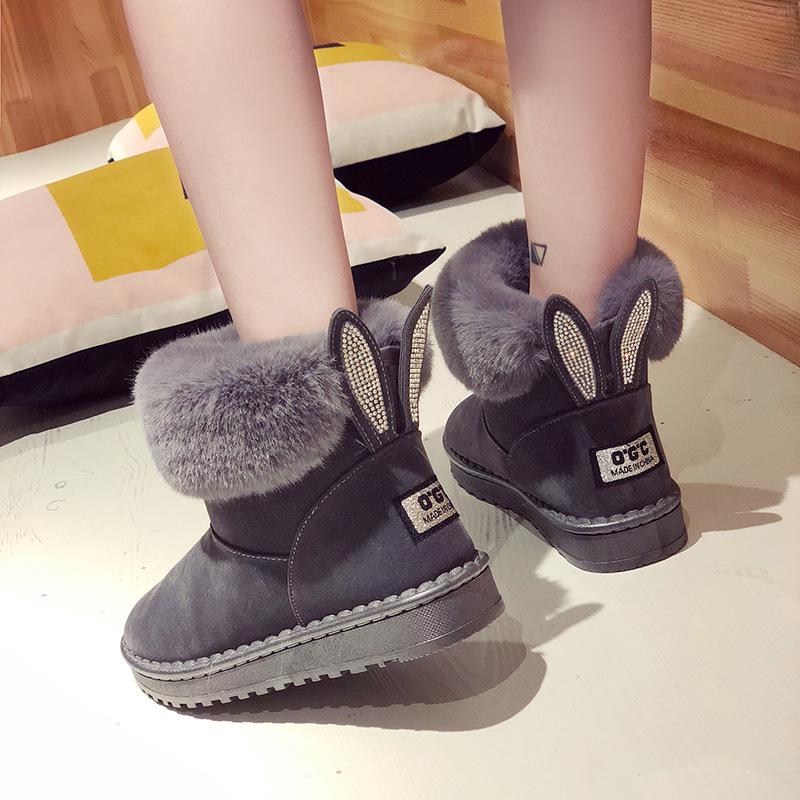 Rhinestone Rabbit Ear Women Winter Snow Boots Velvet Padded Shoes Boots Outdoor Fur Keep Warm Shoes Female Solid Casual Boots