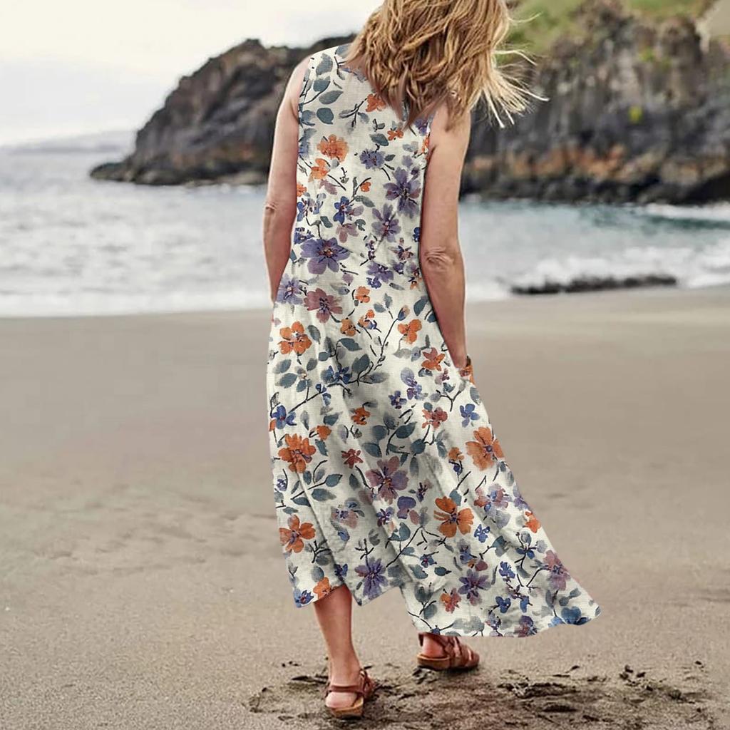 Женское летнее повседневное модное платье без рукавов с цветочным принтом и карманом