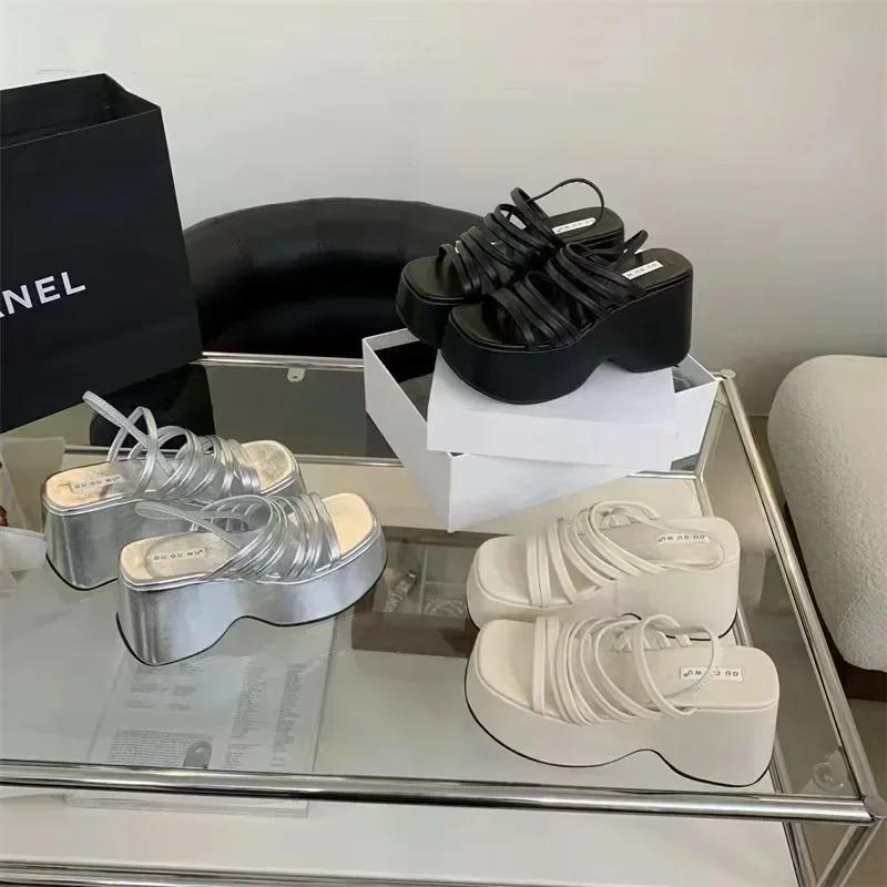 Модные женские летние босоножки на толстом каблуке, новые модные тапочки на высоком каблуке с ремешком, женские черные повседневные босоножки на платформе Mujer