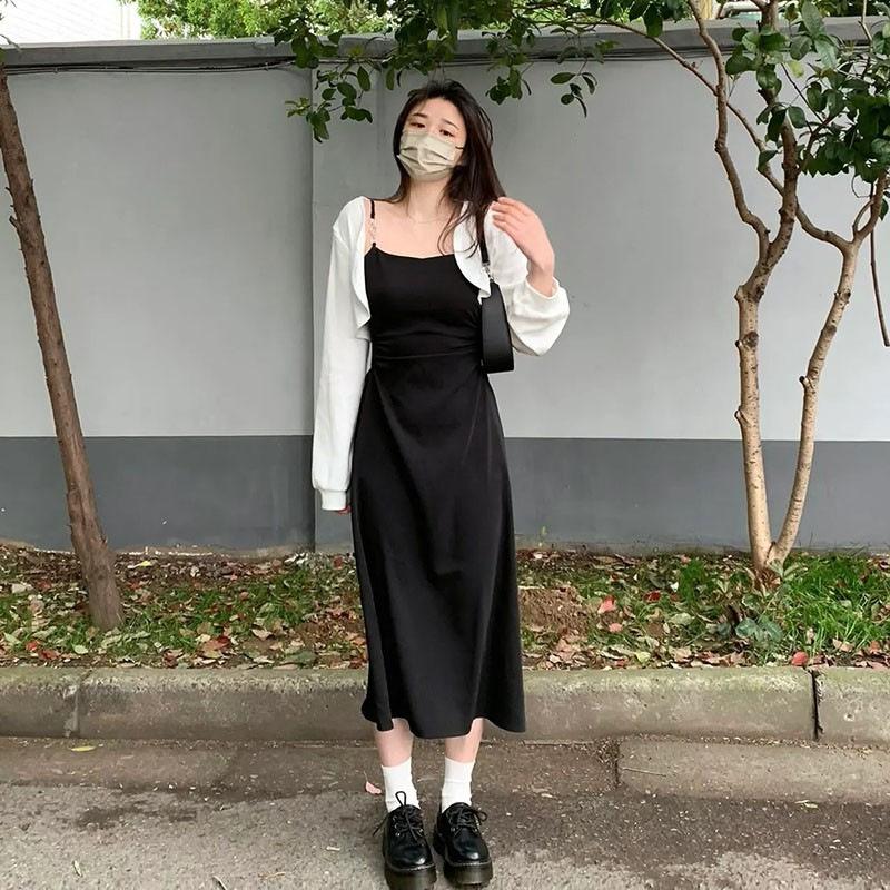 Черное платье на подтяжках с темпераментом, узкая черная юбка, летняя юбка А-силуэта средней длины в стиле Хепберн в корейском стиле