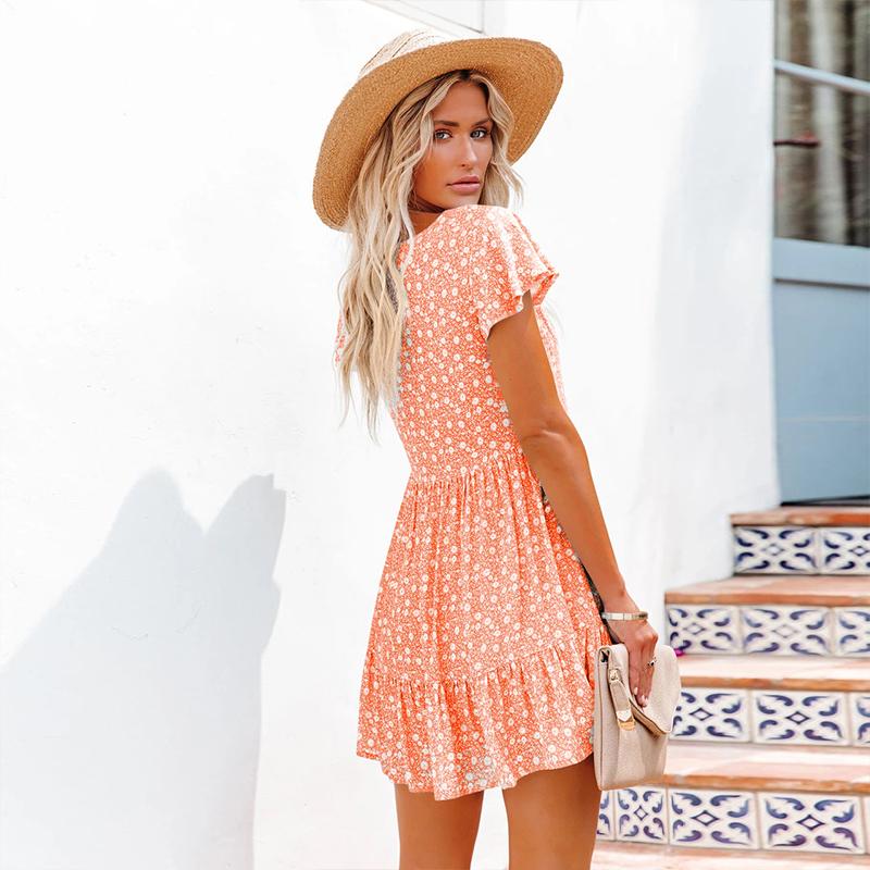 Summer Women'S Chiffon Dress Sexy V-Neck Floral Mini Beach Dresses Fashion Ruffles Button Loose Femme Sundress Vestido