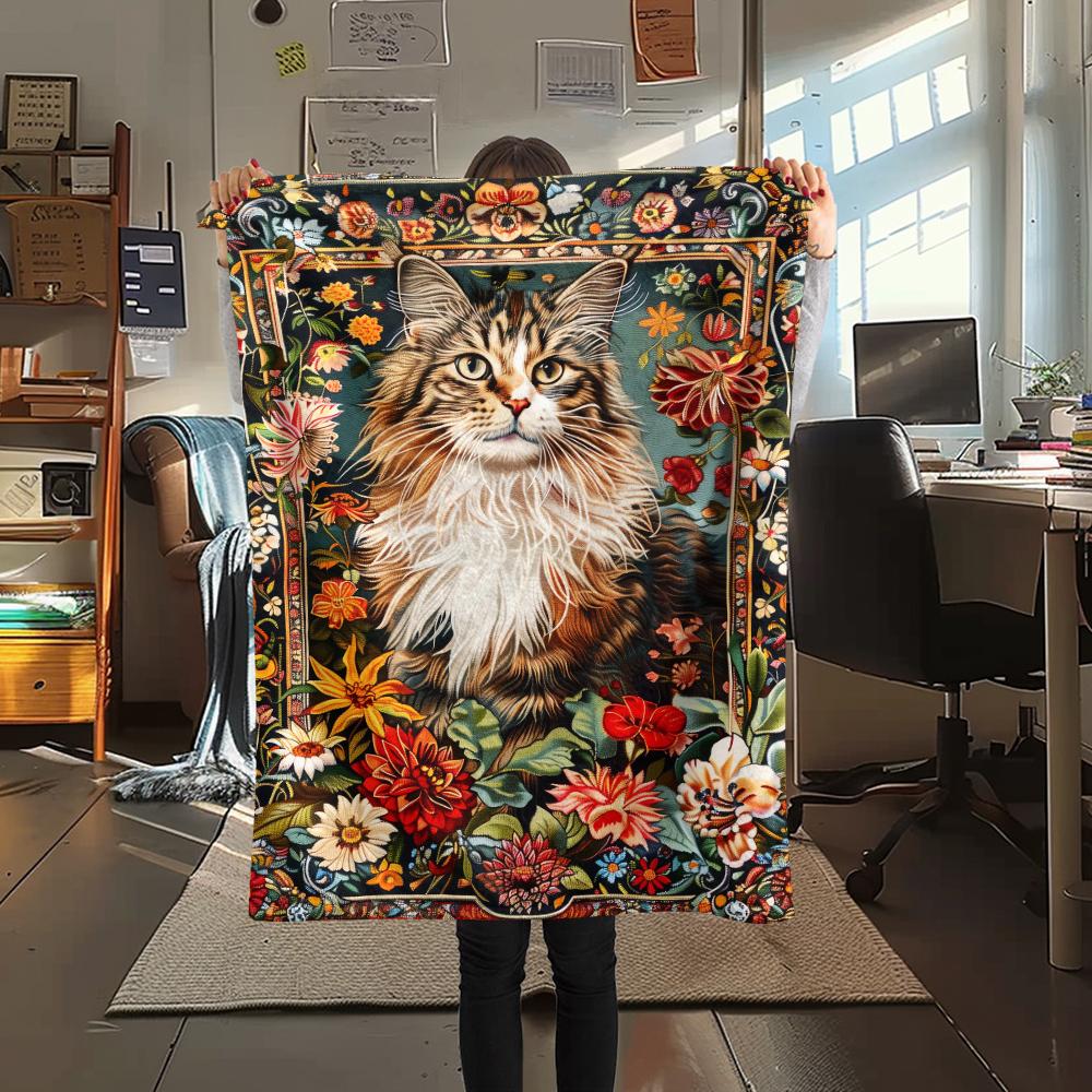 1Pc Boho Floral Cat Print Flannel Blanket, High quality Comfortable for All Seasons, Home Decor, Warmth and Comfort, Perfect for Christmas Gifts