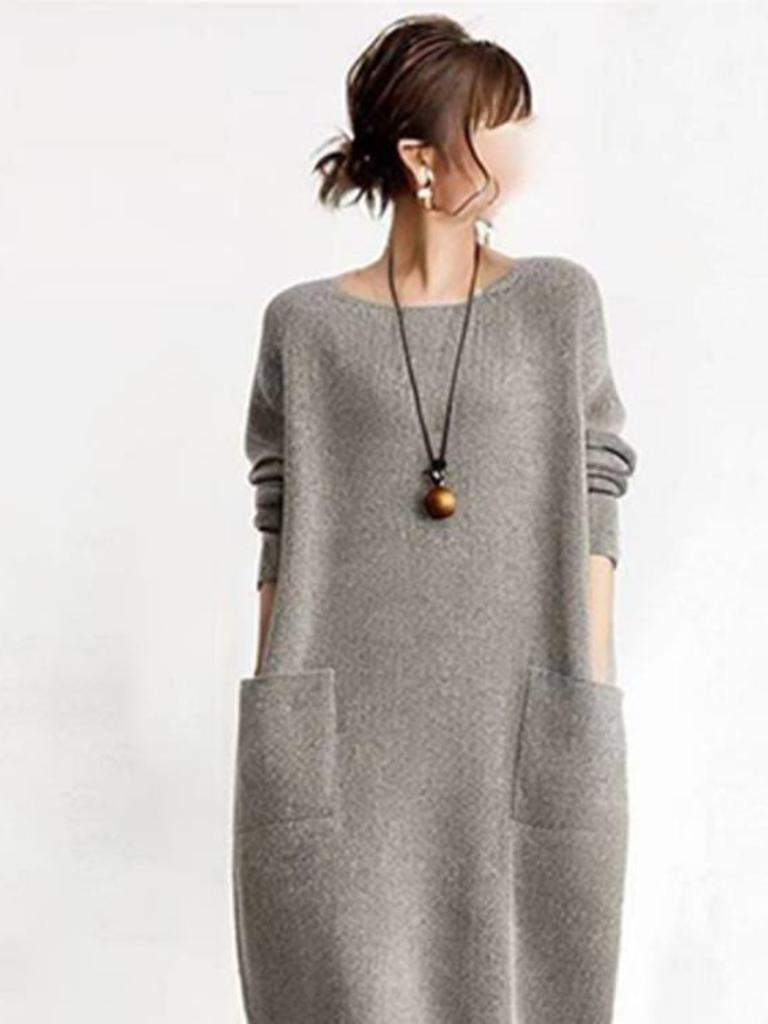 Новый однотонный трикотажный джемпер с круглым вырезом и большими карманами для женщин