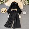 Vintage Women Jumpsuits Autumn Lantern Long Sleeve Stand Collar High Waist Wide Leg Draped Romper Female Elegant Playsuits