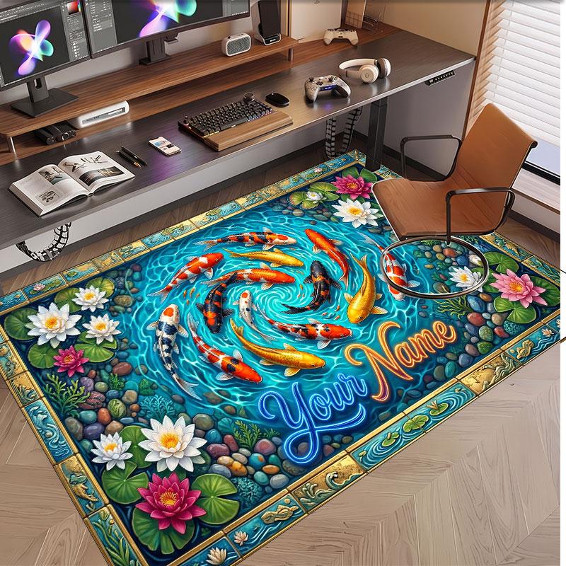 Koi Fish Theme Soft Crystal Velvet Rug Custom Name & Text Print Non Slip Floor Rug for Bedroom Living Room