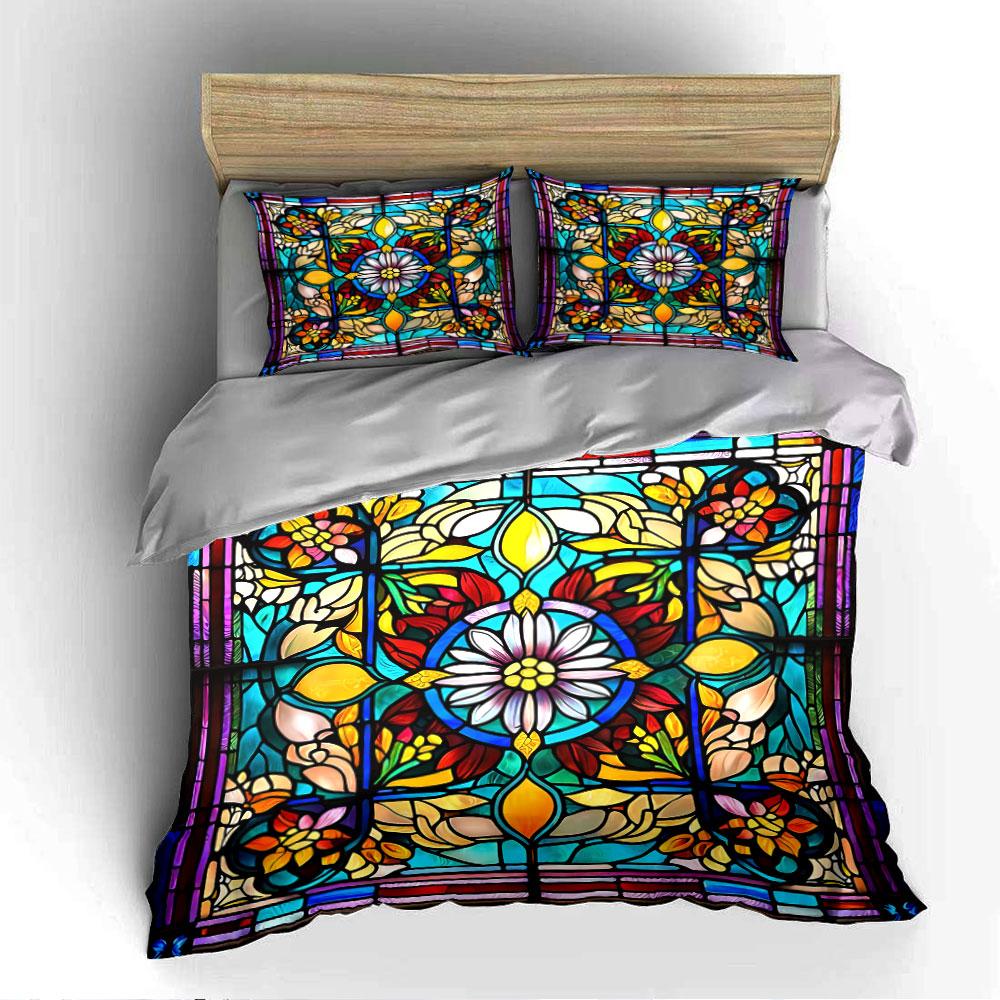 Floral Stained Glass Pattern Bedding Duvet Cover Set Duvet Cover Pillowcases (1*Duvet Cover 2*Pillowcases, without duvet insert)