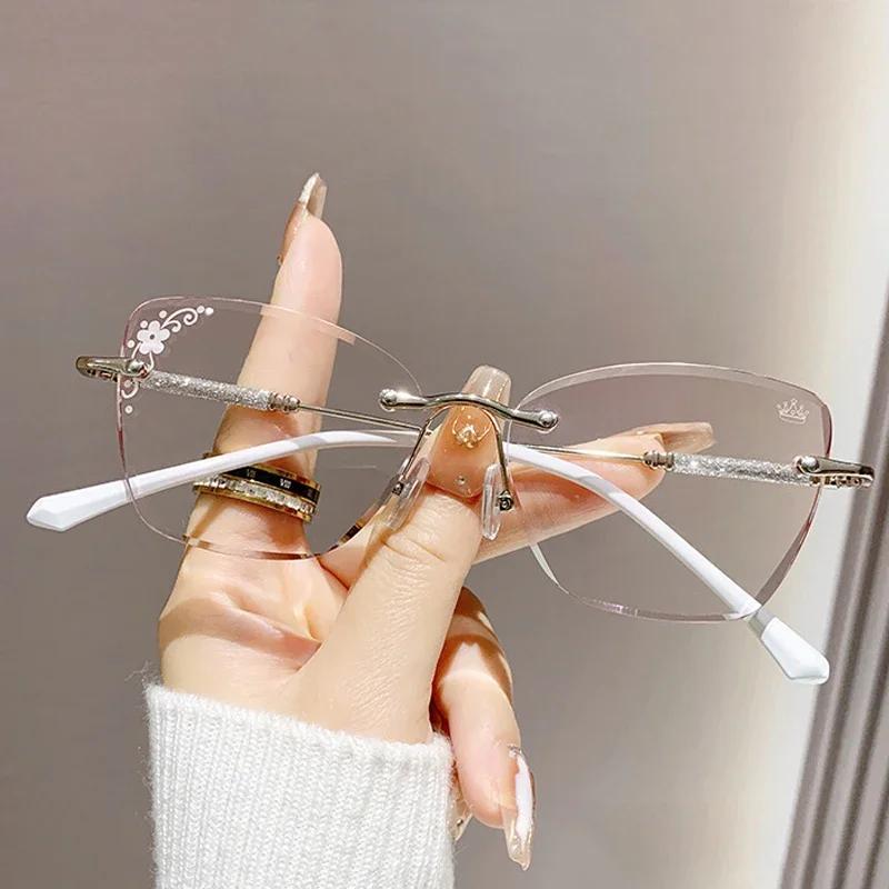 Stylish Female Trendy Reading Glasses Fashion High Definition Hyperopia Eyewear Men Women Diamond Rimless Far Sight Eyewear+4.0