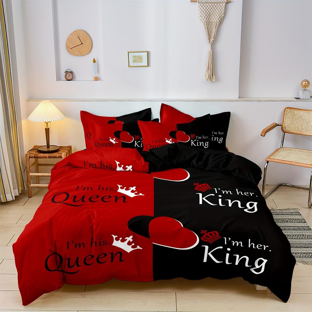 Пододеяльник King Queen Черный и красный дизайн с короной Покрывало Мягкий Эстетичный Элегантный Современный Комплект постельного белья с 2 наволочками