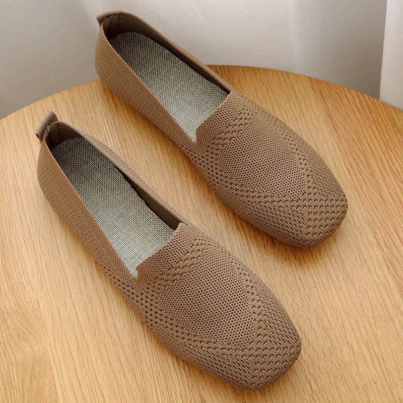 Весенние новые балетки женские трикотажные мокасины с квадратным носком повседневные дышащие туфли на плоской подошве для вождения туфли-лодочки PlusSize 35-42