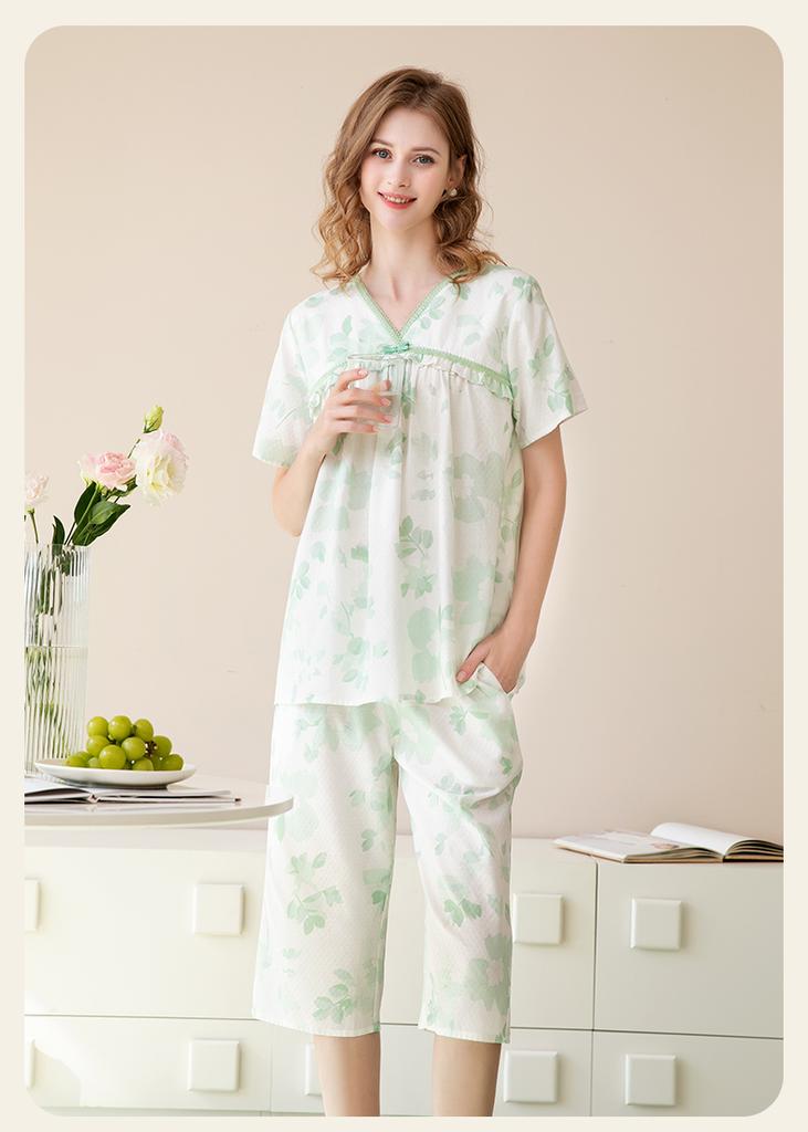Fenteng [Floral Cotton Sensation] Summer V-neck Short Sleeve Hoodie Pants Home Clothes Pajamas Women's Set