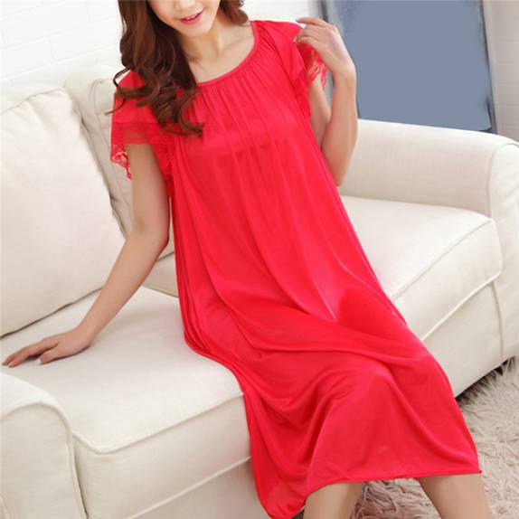 Women Soft Comfortable Satin Lace Sleepwear Nightgown Solid Color Silk Nightdress