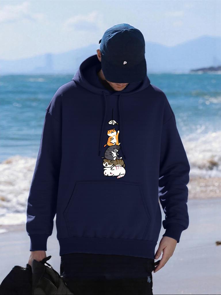 Fish Catching Cats Printed Men Hoodies Multicolor Fleece Pullover All-Match Pocket Hoody Hip Hop Oversized Male Streetwear