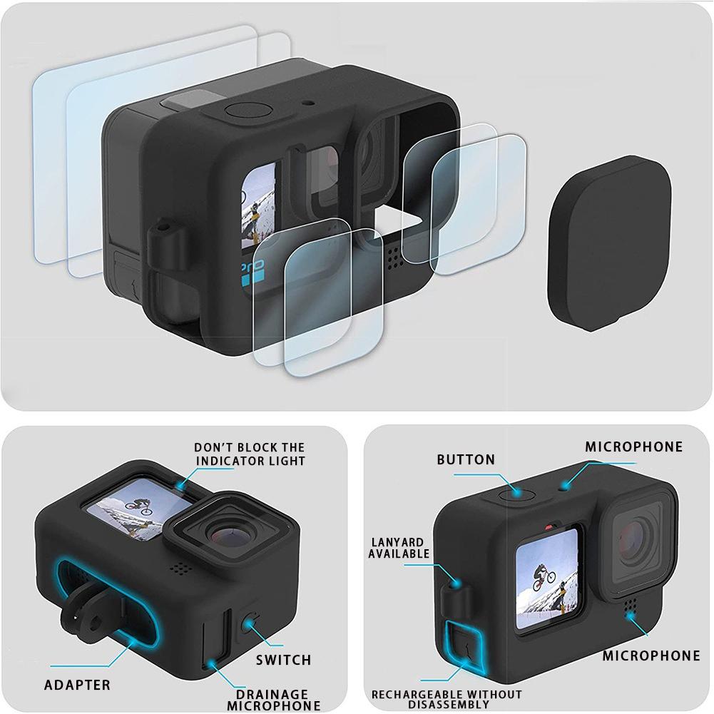Силиконовый чехол для Gopro Hero 13 12 11 Крышка аккумулятора Закаленное стекло Защитные пленки для экрана Крышка объектива для Go pro 12 13 Комплект аксессуаров
