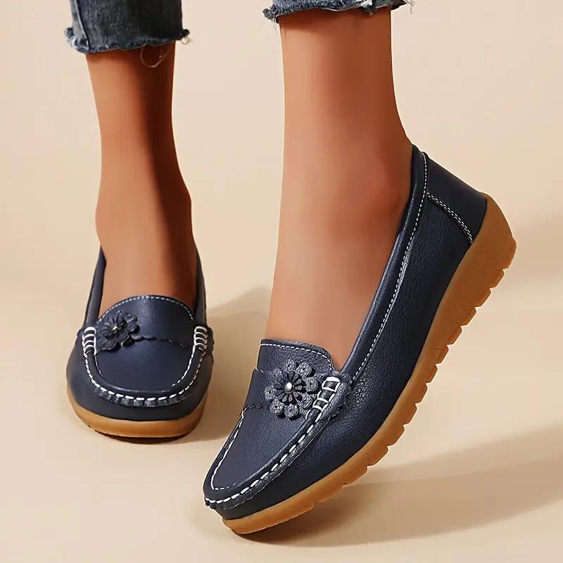 Women's Flower Decor Flat Loafers, Casual Solid Color Slip On Shoes, Lightweight & Comfortable Shoes