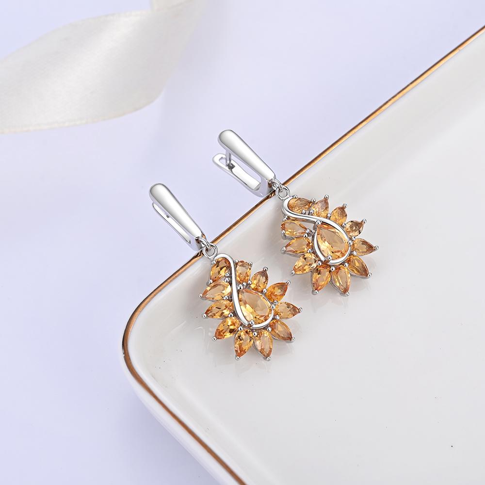 Серьги из стерлингового серебра 925 пробы с натуральным цитрином и драгоценными камнями. Изящные ювелирные украшения. Подарок на годовщину и банкет для женщин.
