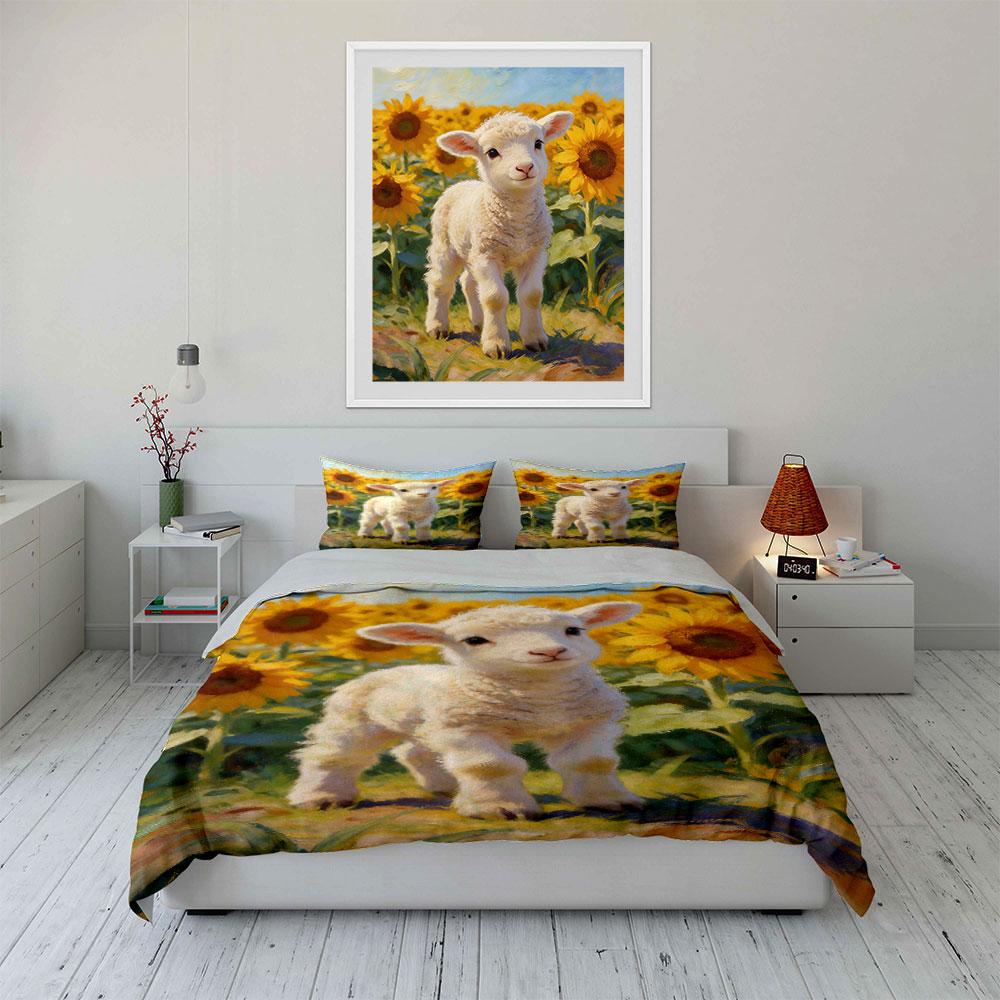 Lamb with yellow sunflowers. Bedding sets Duvet cover sets Duvet covers Pillowcases(1 * Duvet Cover 2 * Pillowcases without duvet insert)