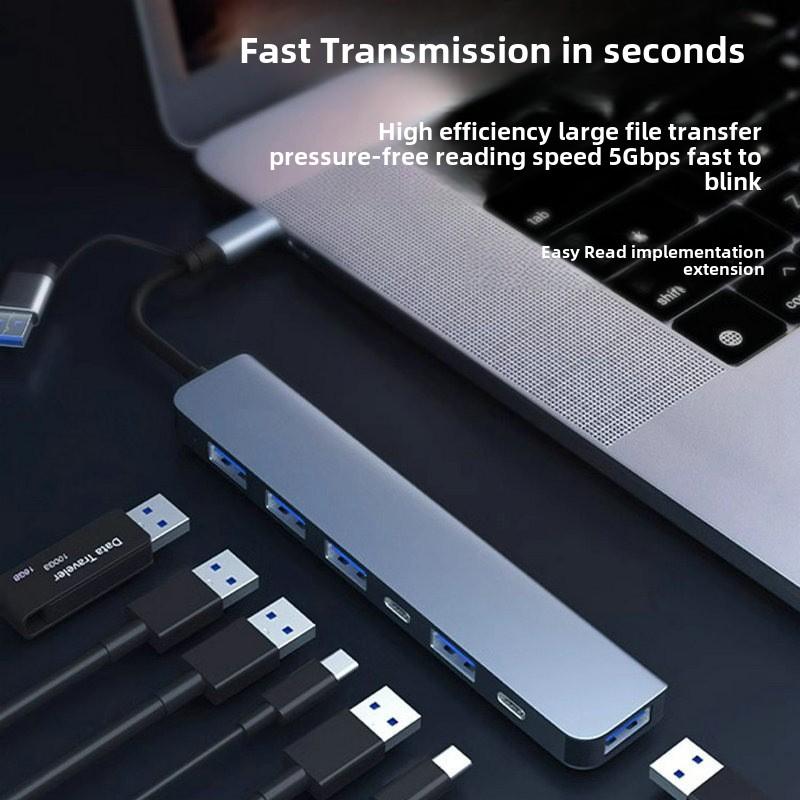 Многопортовый адаптер USB-концентратора 7-в-1 с Type-C для ноутбука, док-станция расширения с передачей данных 5 Гбит/с