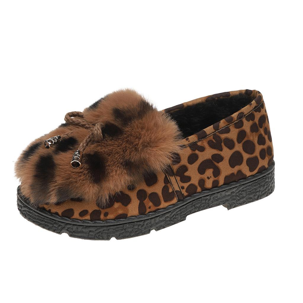 Winter Fuzzy Women Cotton Shoes Casual Non-slip Outdoor Shoes for Women Fashion Leopard Plush Shoes Warm Cozy Fluffy Woman Flats