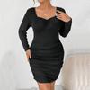 Весенне-осеннее женское черное платье с квадратным воротником и длинными рукавами на бедрах, темпераментное модное сексуальное праздничное платье больших размеров, тонкое платье