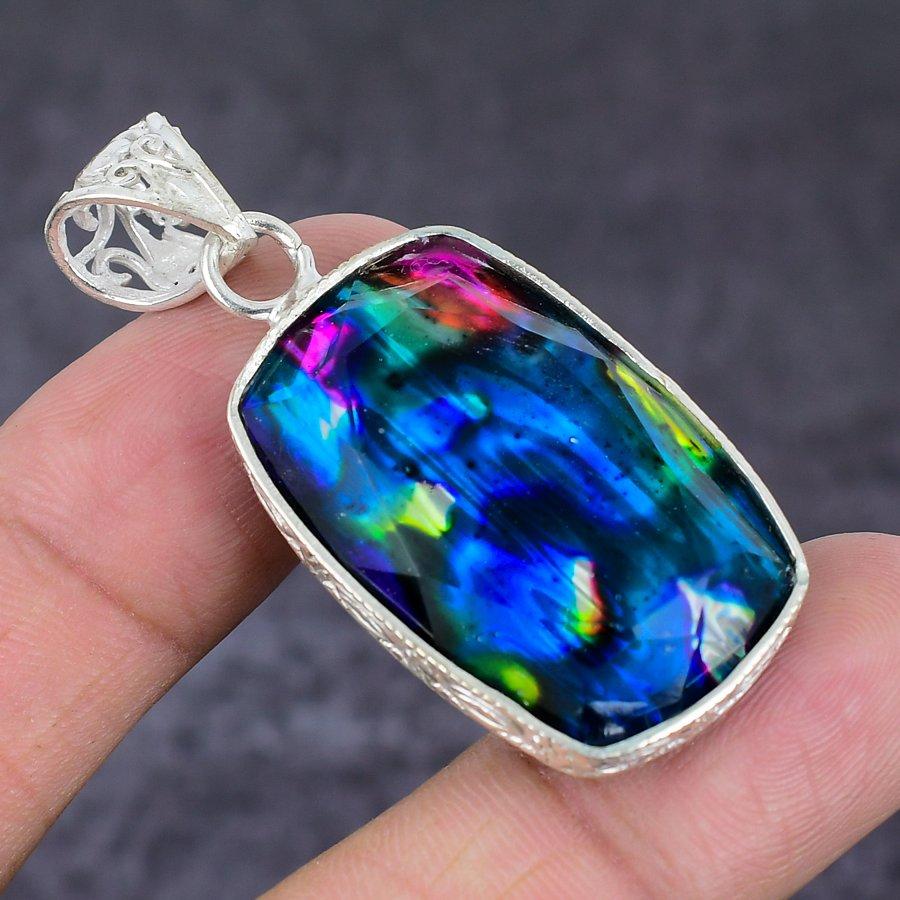 Ammolite Gemstone Handmade 925 Sterling Silver Jewelry Pendant 2.17" R6i01