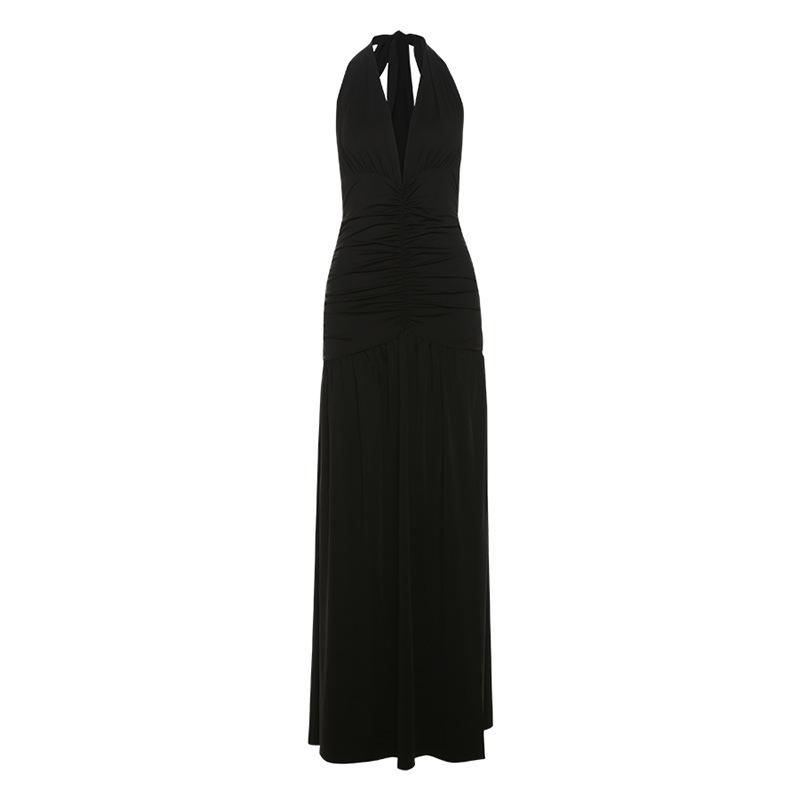 Summer New Women's Clothing Temperament Halter Neck V-neck Long Skirt Sexy Slit Pleated Backless Dress