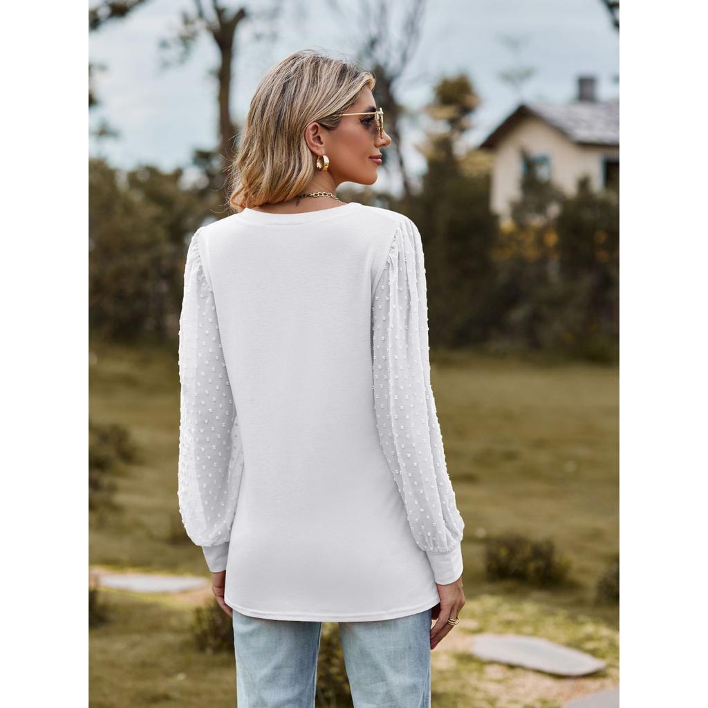 GMXIA Autumn Women's Long Sleeve T-shirt Solid Color V-neck Simple Gauze Bubble