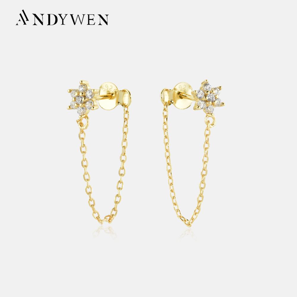 ANDYWEN 925 Sterling Silver Gold Midnight Chain Stud Earring Wedding Flower Piercing Pendiente Luxury Jewelry