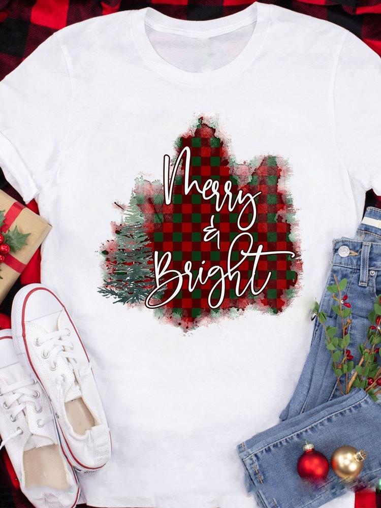 (Азиатский размер) Топ Футболка фестиваль Счастливого Рождества Новый год Праздник Повседневный любовь сердце клетка Женский Принт Леди Короткий рукав Мода Графические футболки