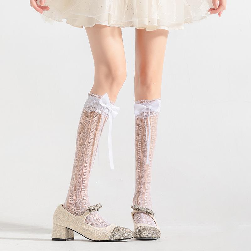 Белые гольфы из телячьей кожи с бантом на лето, тонкие, ажурные, длинные, с лентой и кружевом в стиле лолита до колена
