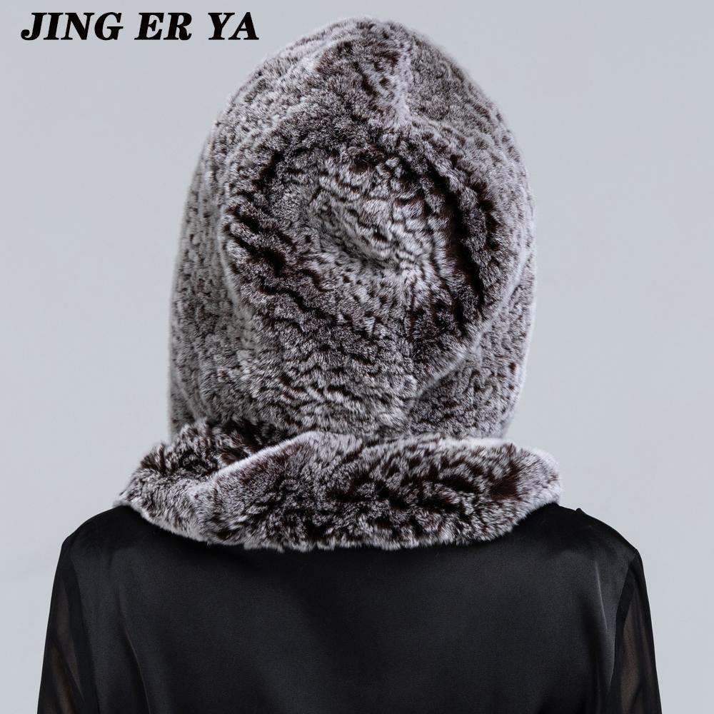 JINGERYA новая женская вязаная шапка с мехом кролика рекс, шарф с капюшоном, длинная зимняя теплая меховая шапка с шейным воротником, шарфы, шапка, шарф