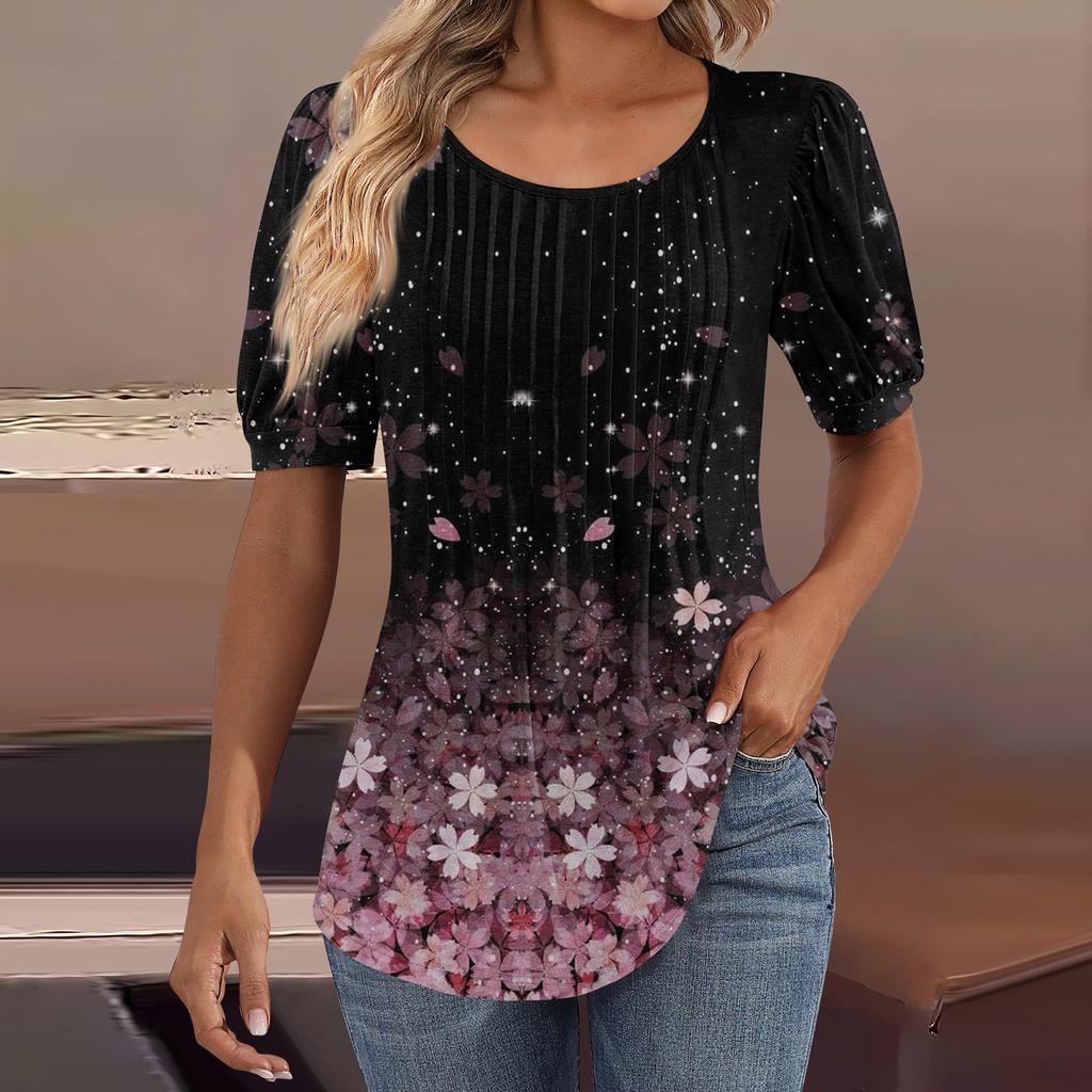 Женские пышные туники с короткими рукавами, топы, плиссированные блузки с воротником, повседневные свободные весенне-летние футболки