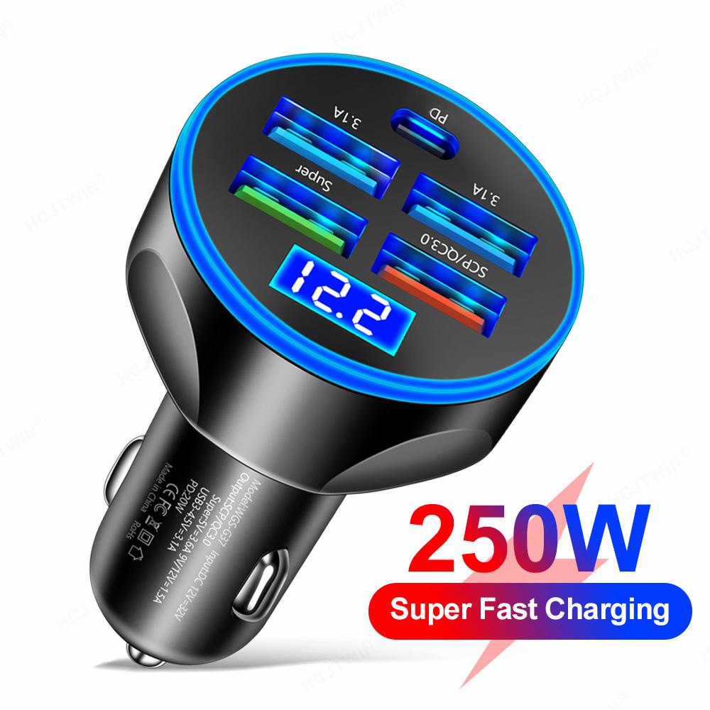 Автомобильное зарядное устройство 4usb PD 250 Вт типа C, адаптер для быстрой зарядки мобильного телефона для iPhone, Samsung, Huawei, Xiaomi, QC 3,0