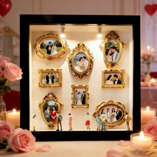 Набор для сборки мини-фоторамки «Музейный силуэтный ящик» со светодиодной подсветкой, персонализированный дисплей для семейных воспоминаний, с 8 мини-фигурками и 8 золотыми фоторамками