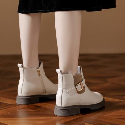 Модные осенне-зимние ботинки на толстой подошве, противоскользящие, женские, с пряжкой, с круглым носком, из однотонной кожи, на увеличивающем каблуке, низкие, теплые, с мехом, короткие ботинки, новые