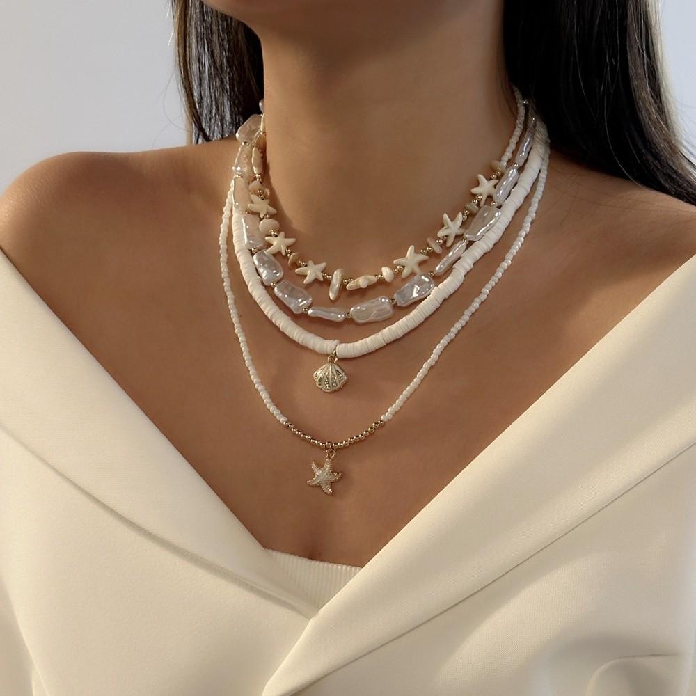 4Pcs/Set Vintage Boho Starfish Pendant Necklace Imitation Pearl Beads Clavicle Chain Multilayer Shell Choker Jewelry