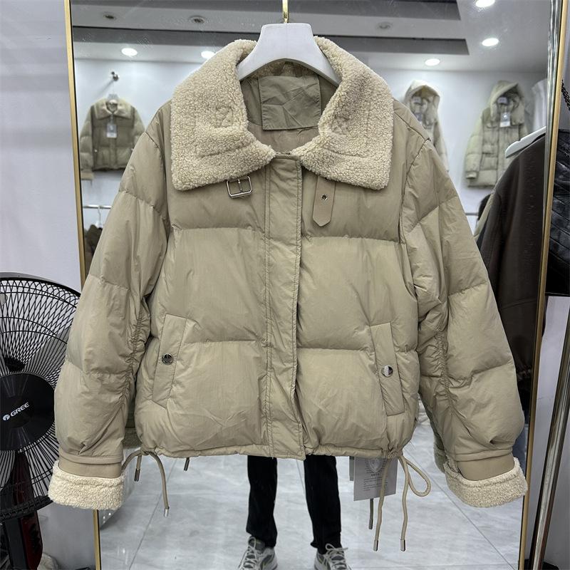 Small short down jacket women's autumn and winter lamb down large lapel thickened white duck down loose coat
