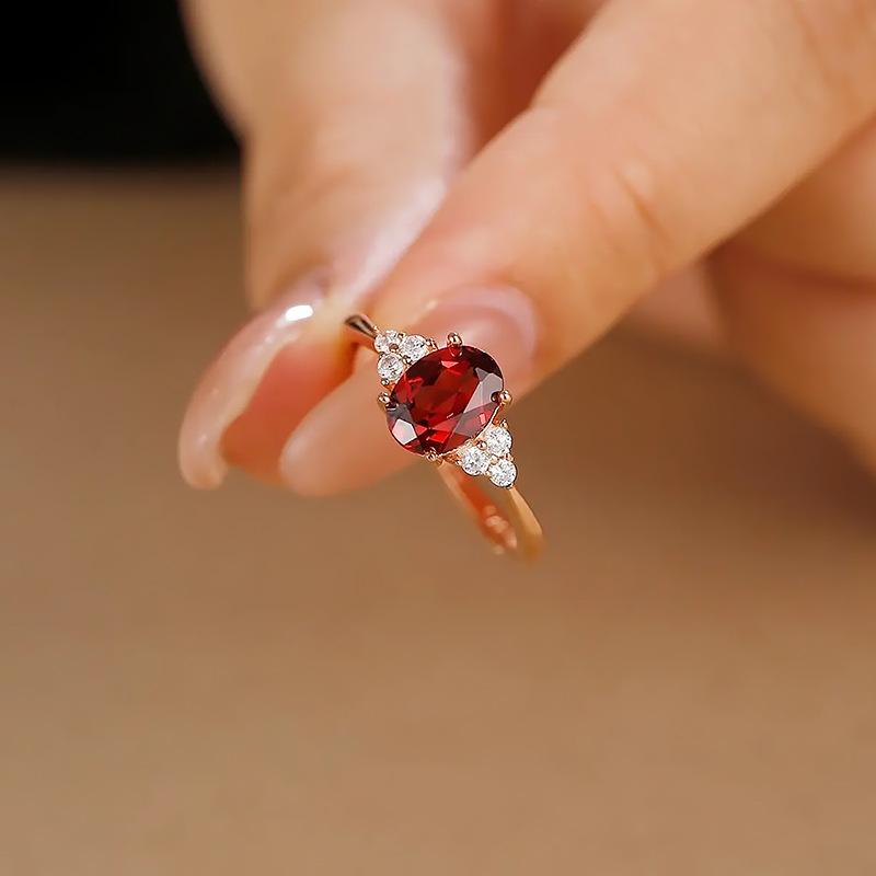 Rose Gold Plated Imitation Natural Red Garnet Ring, Female Simple Treasure Inlaid Zircon Diamond Ring