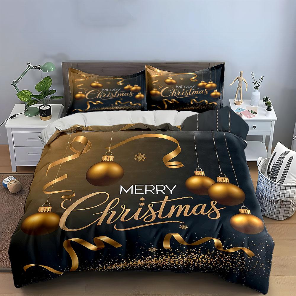 Golden Merry Christmas Decor Bedding Duvet Cover Set Duvet Cover Pillowcases (1*Duvet Cover 2*Pillowcases, without duvet insert)