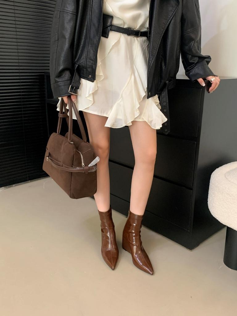 European and American Fashion Pointed Wedge Heel Thin Boots French Temperament Versatile High Heel Elastic Rear Zipper Women's Boots Show Thinness and