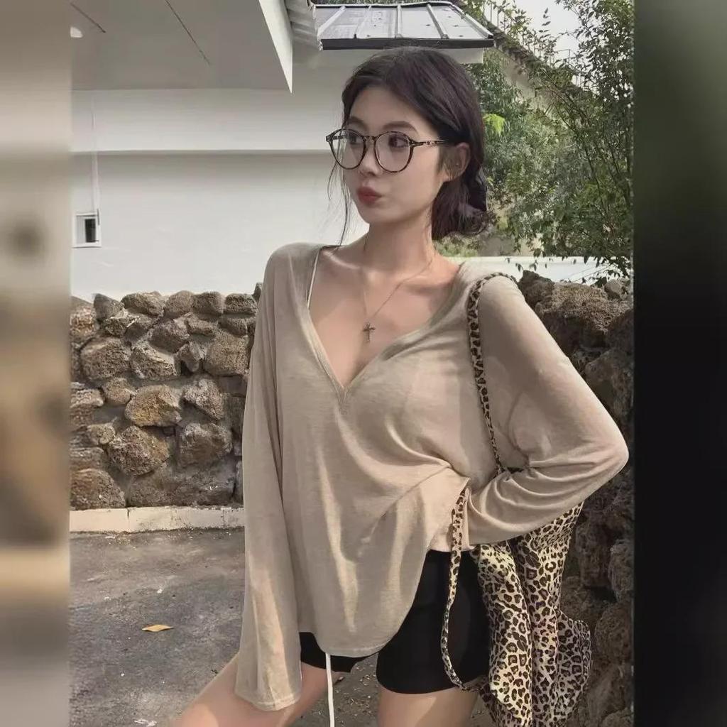 Women's Sheer White V-Neck Long-Sleeve Summer Blouse - Loose Fit, Sun Protection, Casual Top