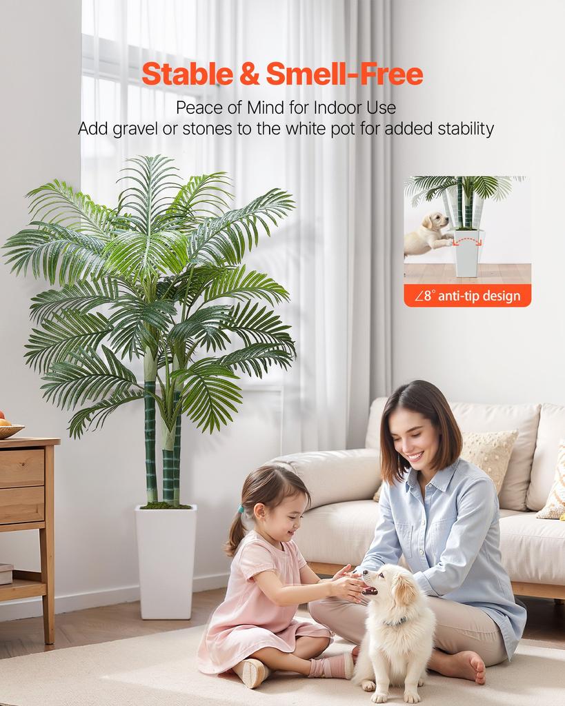 VEVOR Artificial Areca Palm Tree 1829 mm, Fake Palm Tropical Plants with White Tall Planter, Faux Floor Silk Plant in Pot