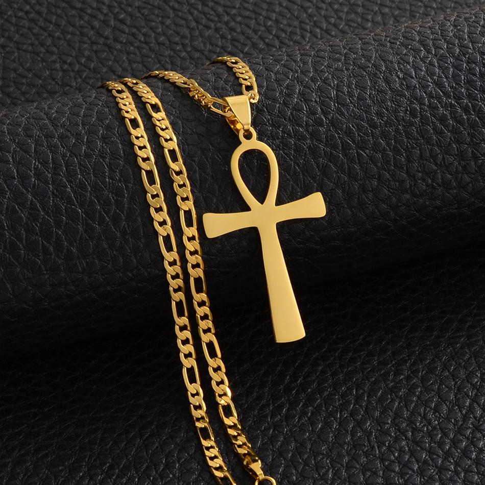 Anniyo 4.3CM Egyptian Cross Pendant Ankh Necklace Woman Men Gold /Silver Color African Charms Jewelry Egypt Nile Key #159321