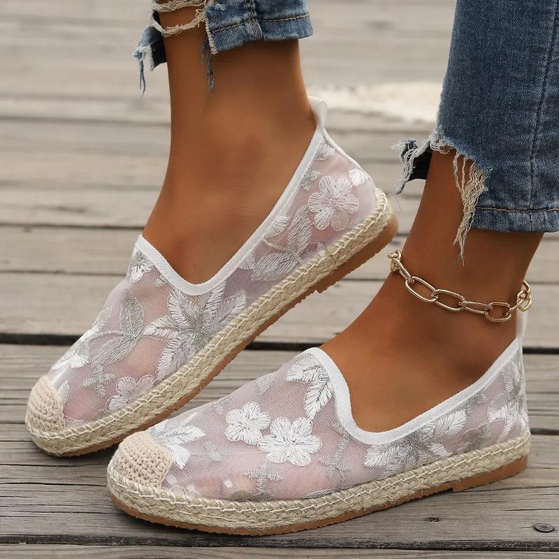 Large Size Single Shoe Women's 2024 Summer New Lace Mesh Hollowed Out Women's Flat Bottomed Fisherman's Shoes Flat Shoes Women
