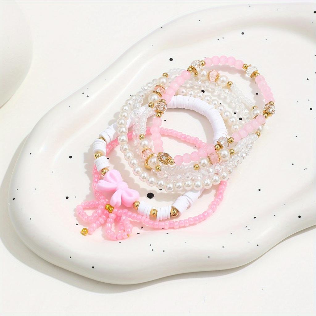 [Милый браслет из бусин] 6 шт. Милый Сексуальный Стеклянная бусина Имитация жемчуга Мягкая глина Ручная работа Позиционирующий Набор браслетов для нанизывания | Розовая серия