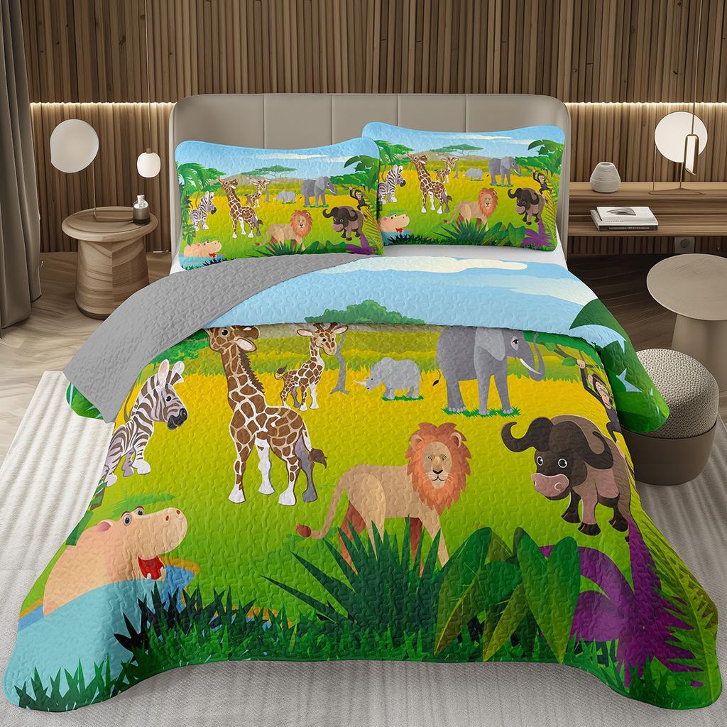Funny Cartoon Animal Bedspread Queen/Full Kawaii Elephant Panda Coverlet Reversible Grey Quilted Bedding Set For Kids Teen Room